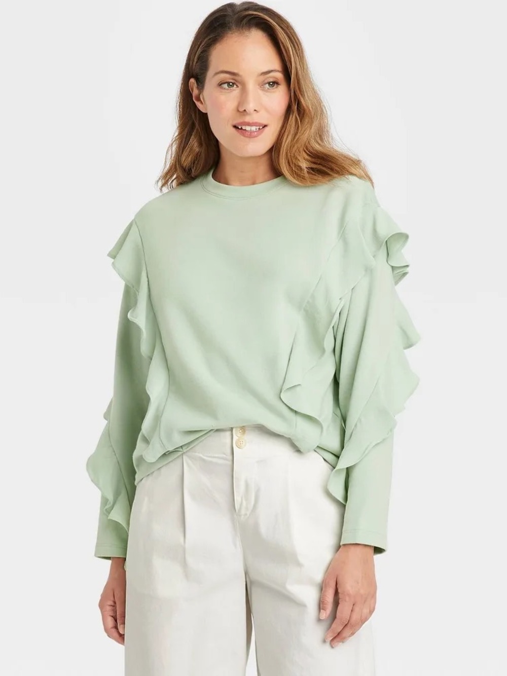 a new day Mint Green Ruffle-Sleeve Sweatshirt